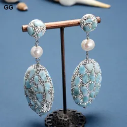 G-G Natural Blue Larimar Silver Color Rhinestone Pave Oval Cultured White Round Pearl Larimars Stud Earrings