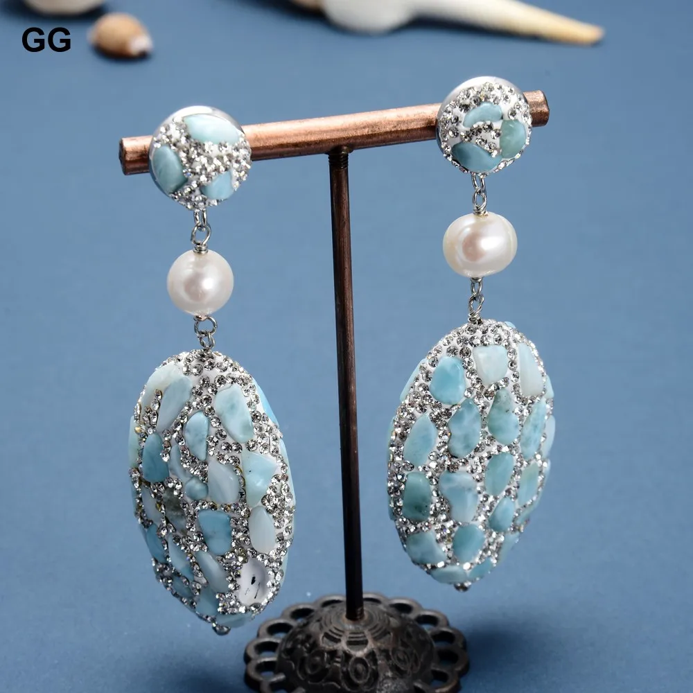 G-G Natural Blue Larimar Silver Color Rhinestone Pave Oval Cultured White Round Pearl Larimars Stud Earrings