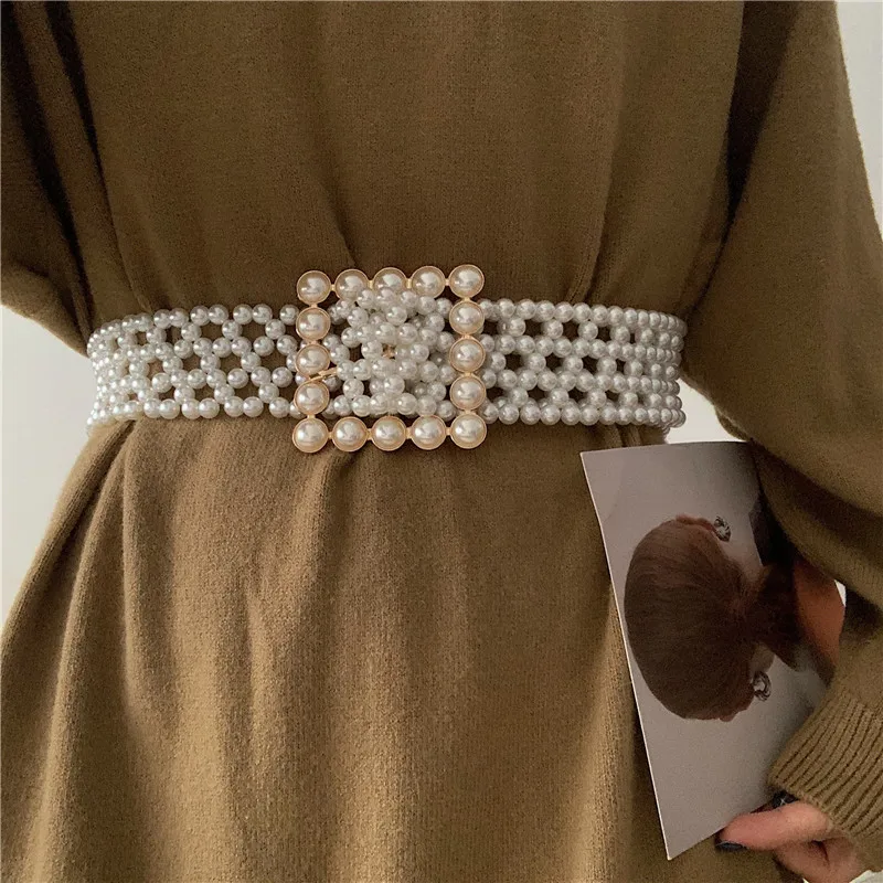 Women's Runway Fashion Pearl Knitted Elastic Cummerbunds Female Dress Corsets Waistband Belts Decoration Wide Belt R1080