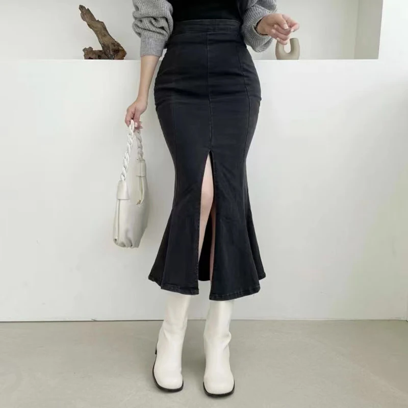 Sexy Skinny Denim Skirt Women Fashion High Waist Denim Slim Fit Hole Ripped Jeans Skirts Mermaid Trumpet Skirts Bodycon Saias