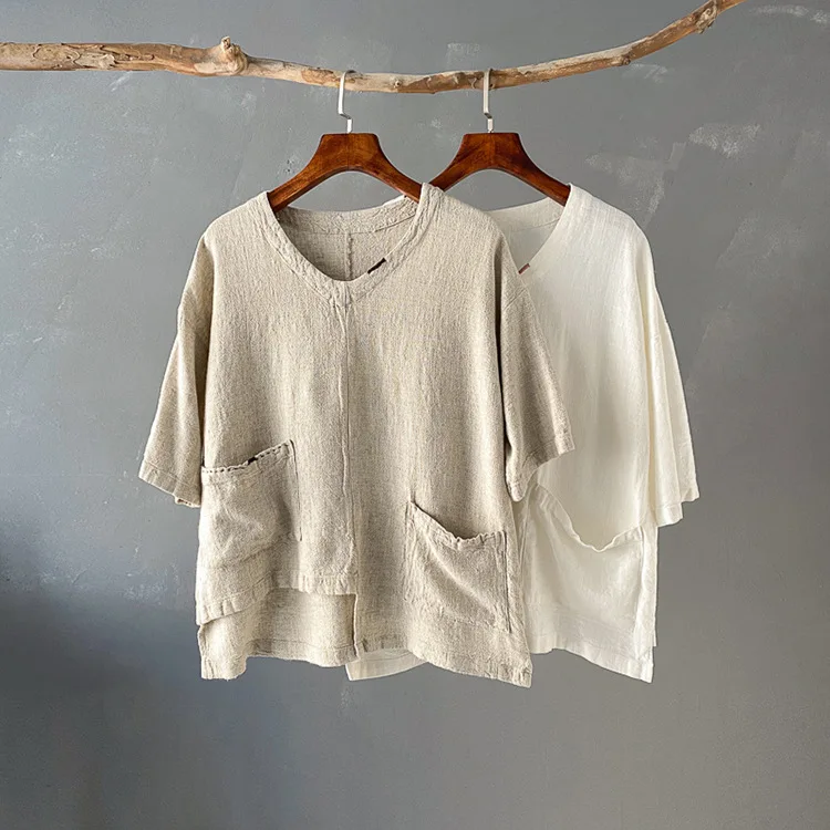 Shanghai Story Women Cotton Linen Casual Loose Shirt Solid 3/4 Sleeve Blouse Tops with Pocket 2 Color