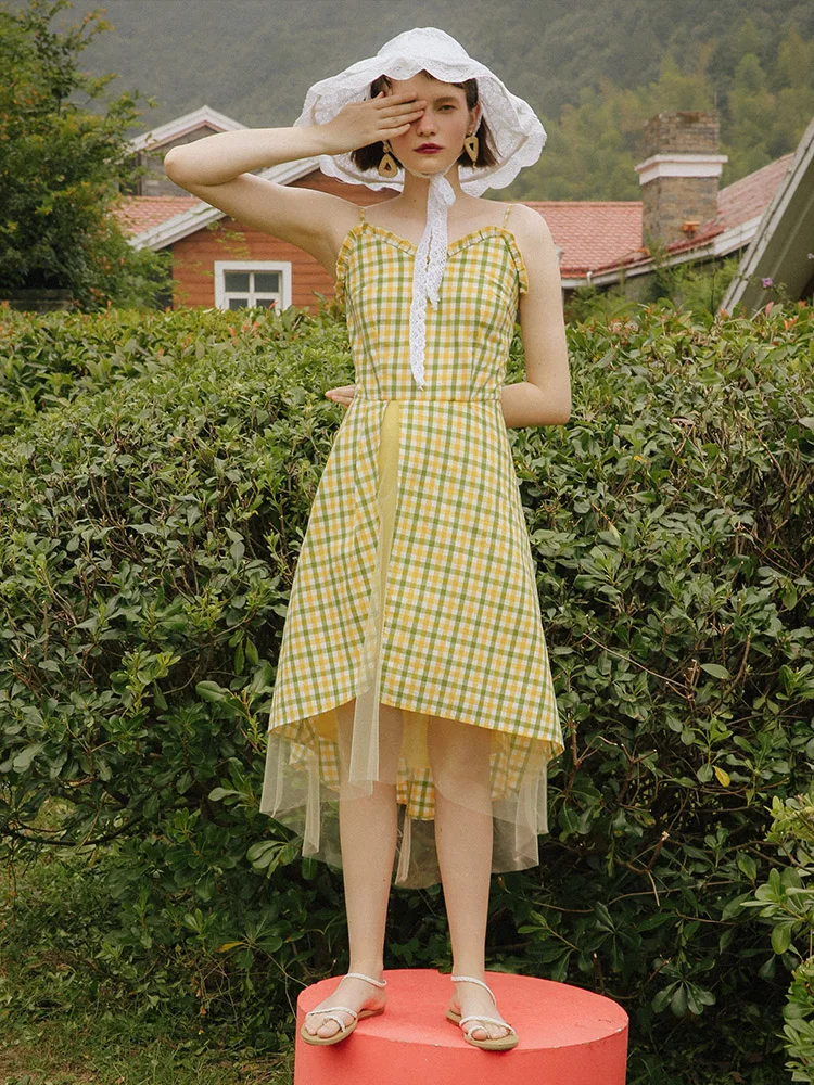 

Design Summer Original Women Pastoral Style Sweet Elegant Slim Sling Casual Plaid Patchwork Mesh Strap Dresses