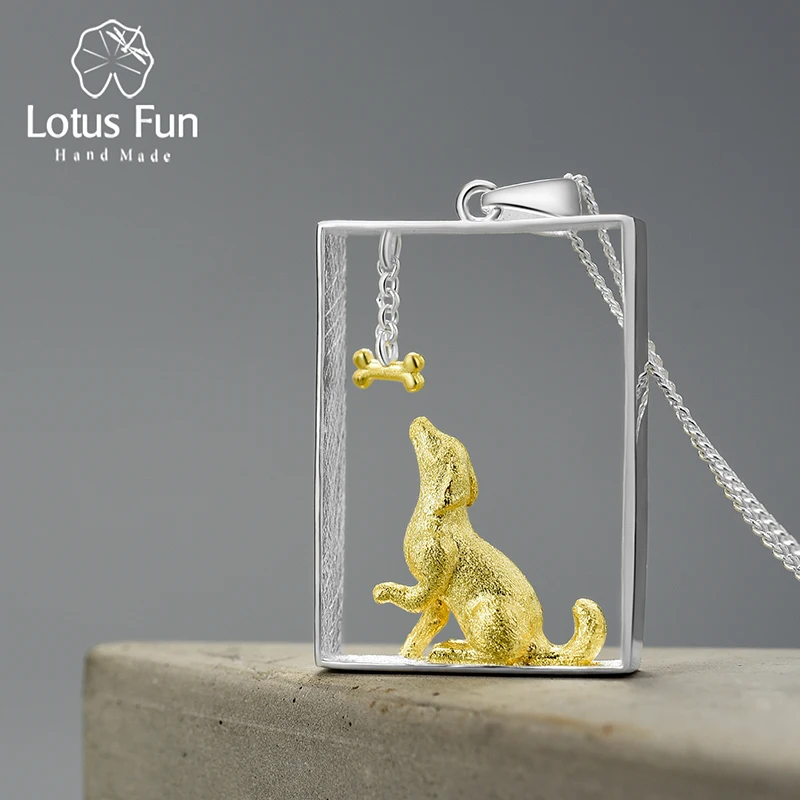 Lotus Fun Real 925 Sterling Silver Dachshund Dog and Bone Rectangle Shaped Pendant Jewelry Chains and Necklace for Women Gift