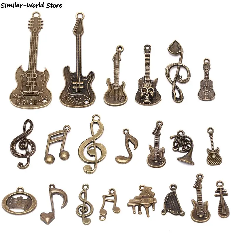 21Pcs/Set Mix Musical Instrument Charm For Jewelry Making Charm Antique  Color Guitar Microphone Violin  Horn Charm