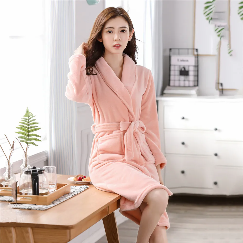 

Women Flannel Warm Bathrobe Robe Thick Coral Fleece Kimono Gown Pocket Autumn Winter New Sleeprobe Nightwear Soft Home Clothing