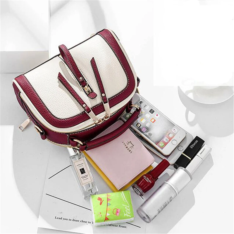 Hot Small Contrast Color Top-Handle Bag Women Crossbody Bags Phone Purse Fashion Single Shoulder Zipper PU Leather Bags