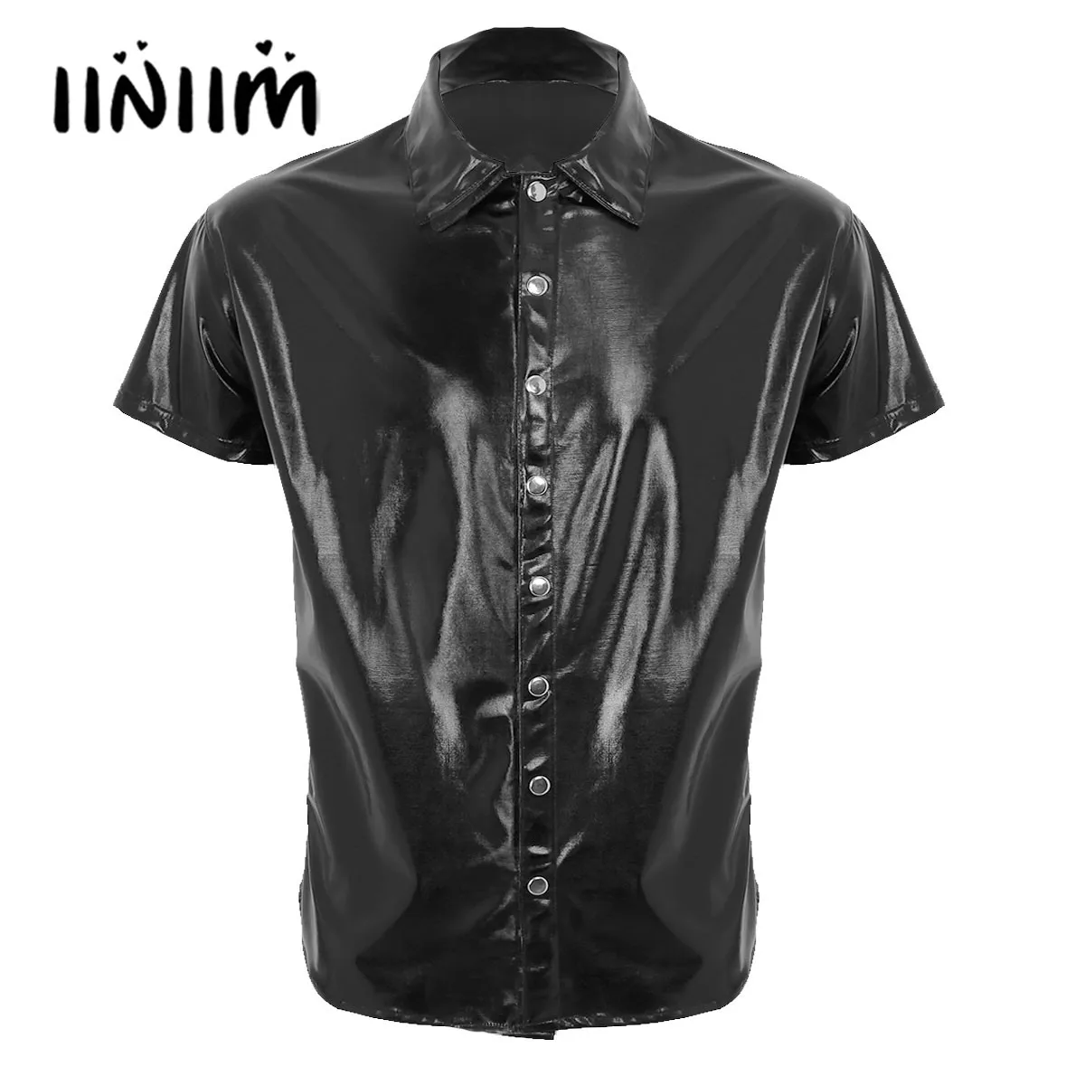 

iiniim Mens Fashion Shiny Metallic T-shirt Tops Clubwear Patent Leather Turn-Down Shirt Undershirt Streetwear Male Clothing