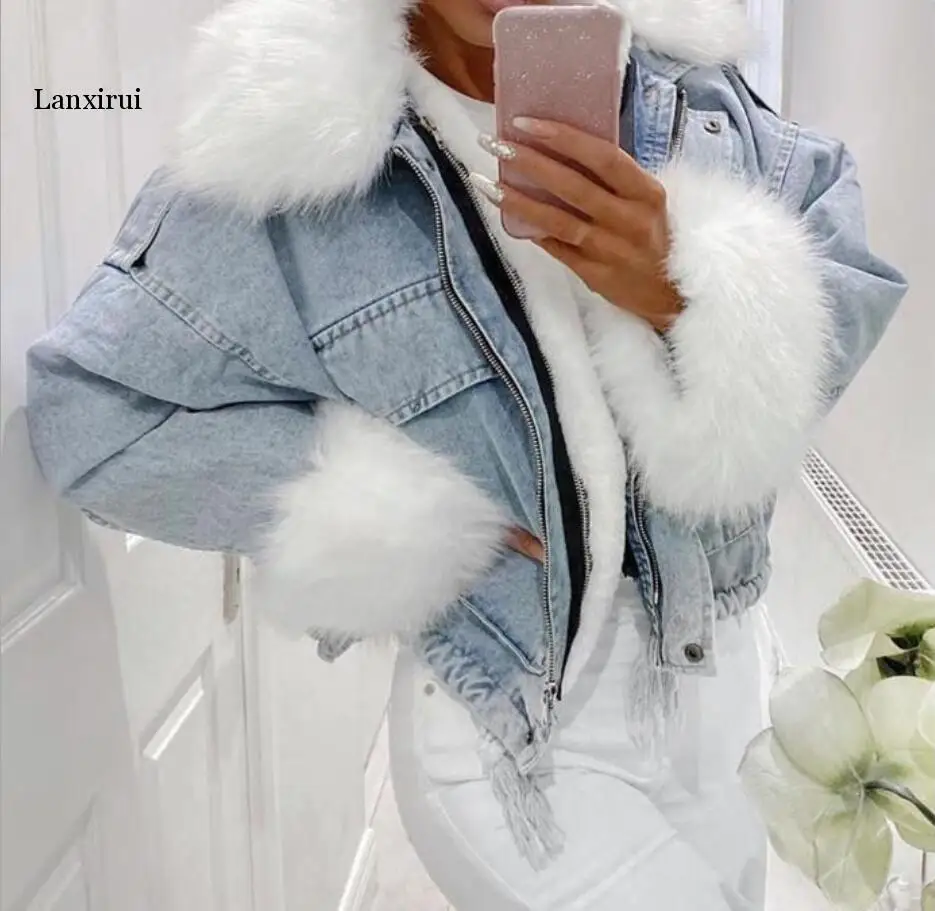 

Women Cotton Short Coat Winter New Korean Fashion Loose Thick Plush Liner Large Fur Collar Denim Solid Color Pie Overcome