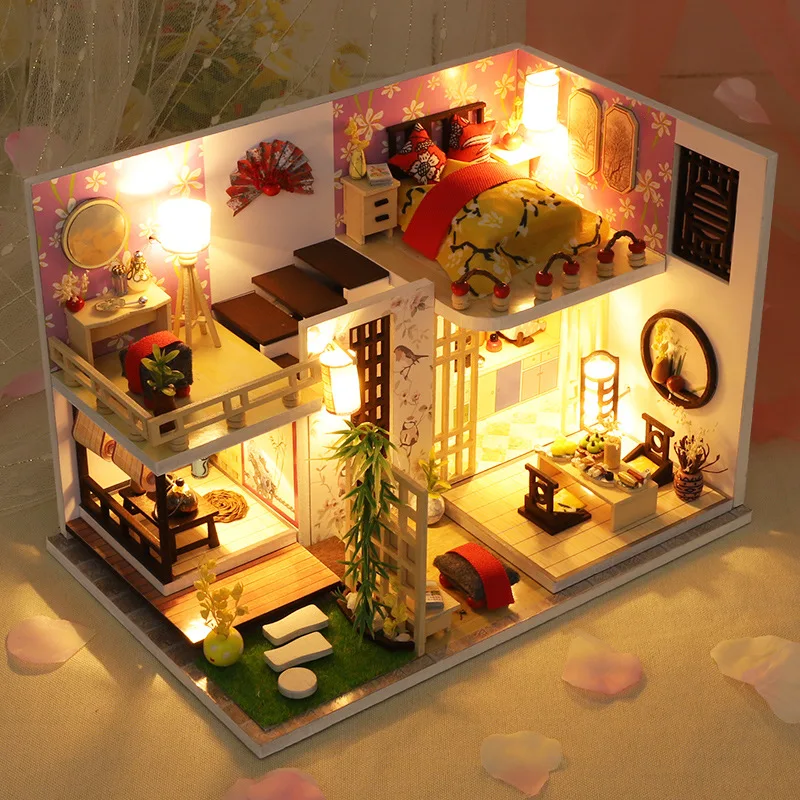 DIY Boneka Rumah Musik + LED Cahaya Villa Model Bangunan Kit Teka-teki Kayu Mainan Miniatur Rumah Boneka Anak-anak Natal Hadiah Ulang Tahun Perempuan