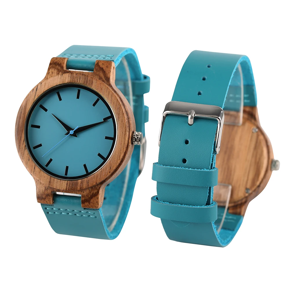 Luxury Royal Blue Quartz Wooden Wristwatch Genuine Leather Strap Valentine's Day Gifts for Men Women