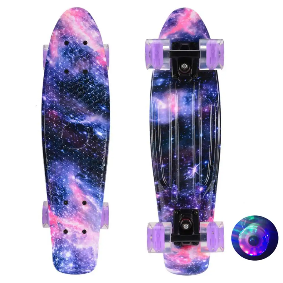 Monopatín de 22 pulgadas, tablero de crucero, 22 "X 6", Retro, Longboard, Skate, gráfico de galaxia, luz Led completa, regalo de Navidad para niño y niña