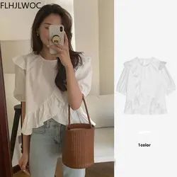 Cute Chic Tops Women Summer Korea Japan Style Design Slim Waist Ruffled Peplum White Shirt Blouse Flhjlwoc Vintage