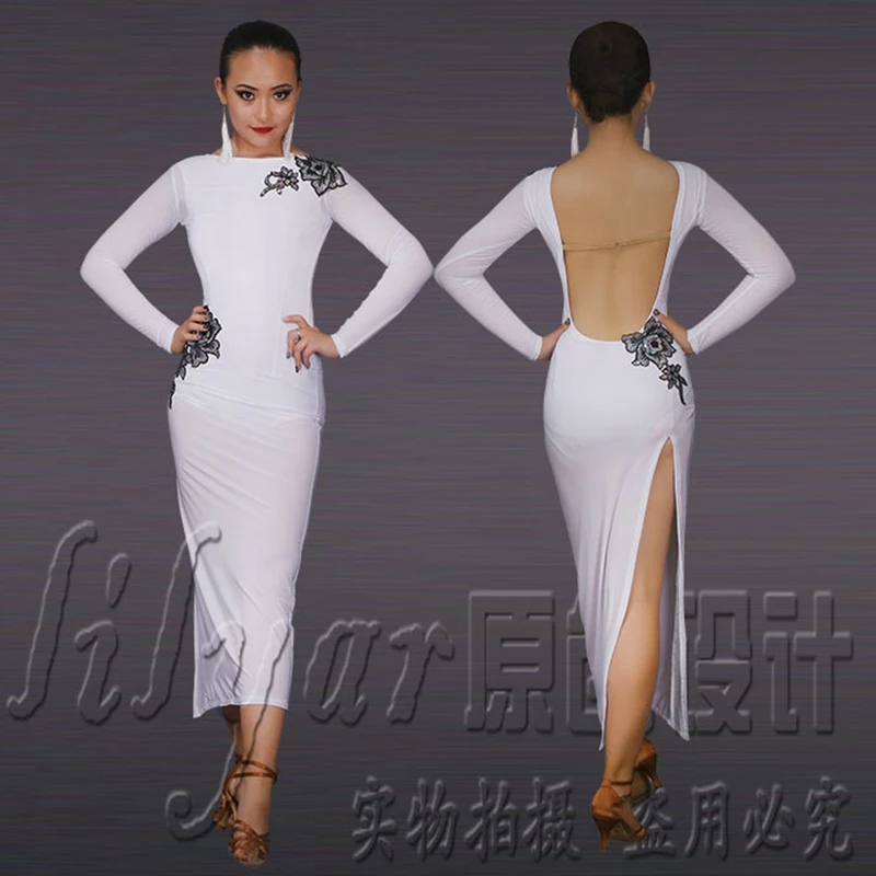 

Sexy White Latin Dance Dress Long Sleeve Backless Women Tango Competition Dance Dress Samba Stage Performance Show Dance Costume