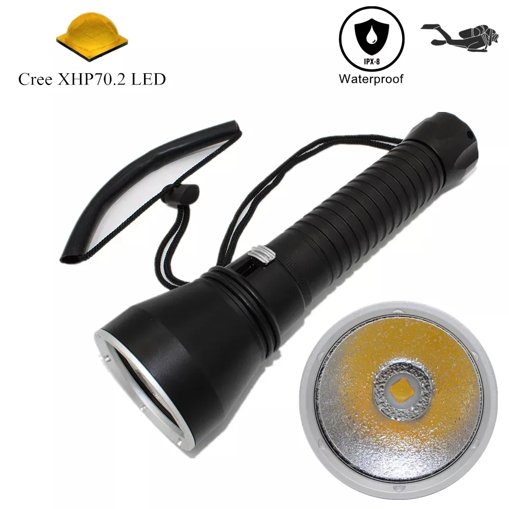 Waterproof diving flashlight  XHP70 LED white/Yell light underwater sucba dive photography spearfishing torch +2x 22650 +charger