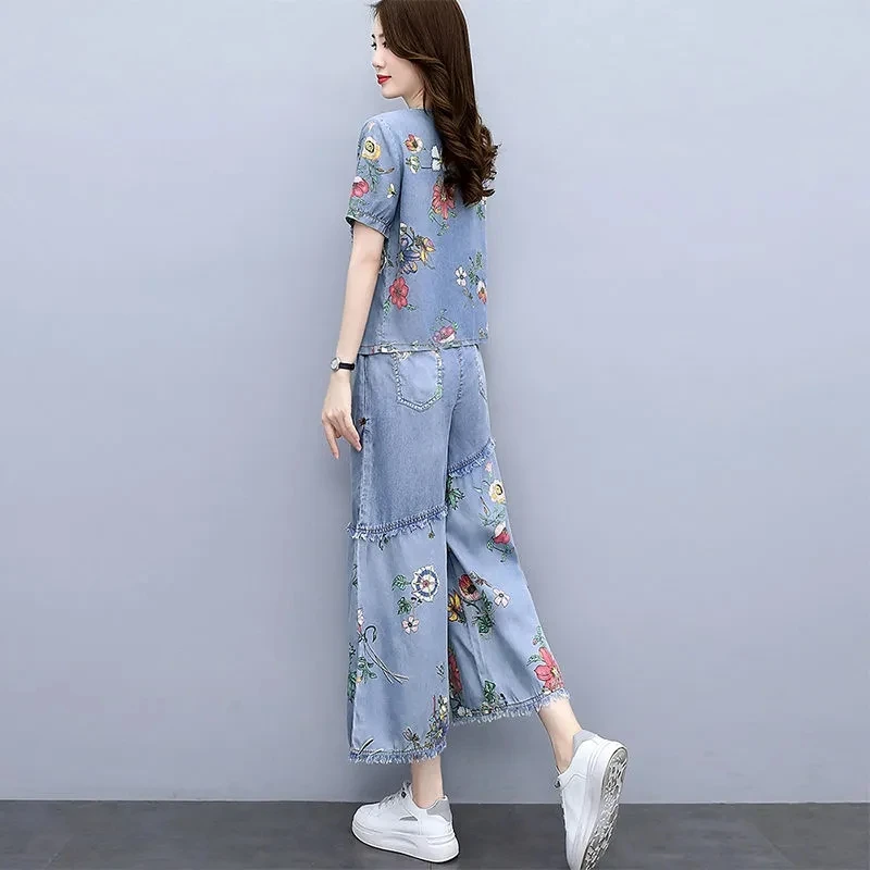 Denim Wide-Leg Pants Women\'s Suit New Casual Short Sleeve Printed Summer Dress Blast The Street Fashion Ethnic Style Two-Piece