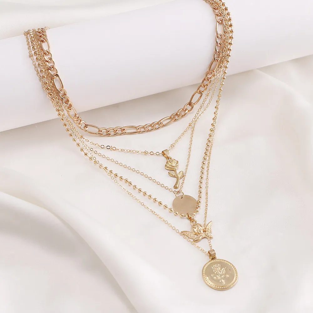 KISS WIFE Vintage Multilayer Golden Chain Necklace For Women Coin Angel Rose Flower Pendant Necklace Fashion Jewelry On The Neck