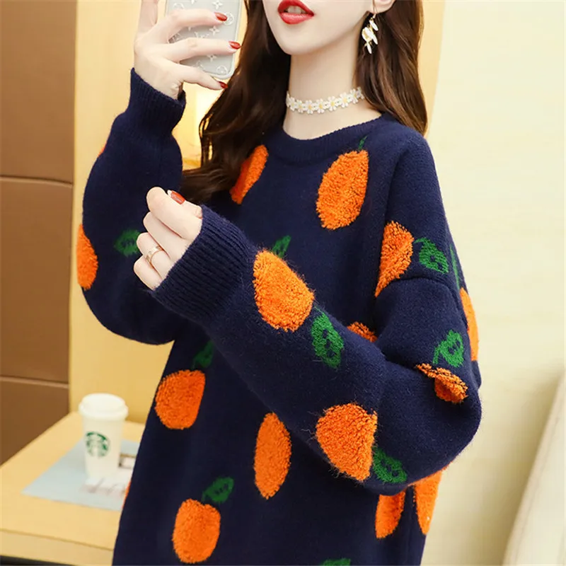 Autumn Winter Korean Fashion Beige Navy Knitted Sweater Women Tops O-Neck Long Sleeve Jumper Ladies Loose Knit Pullover Female