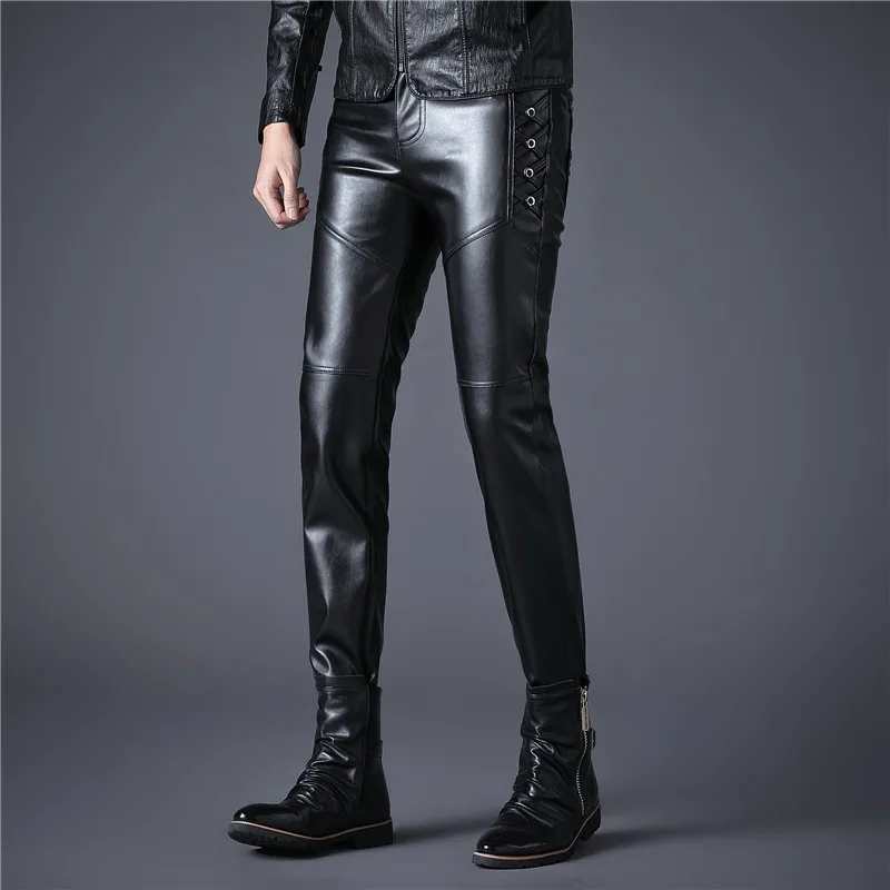 Idopy Men`s Faux Leather Pants Black Motorcycle Biker Side Buttons Cool PU Trousers For Male