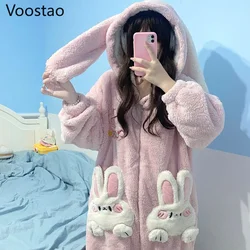 Autumn Winter Women Cute Onesies Pajamas Coral Fleece Warm Cartoon Rabbit Ears Hooded Sleepwear Girls Sweet Home Clothes Pyjamas