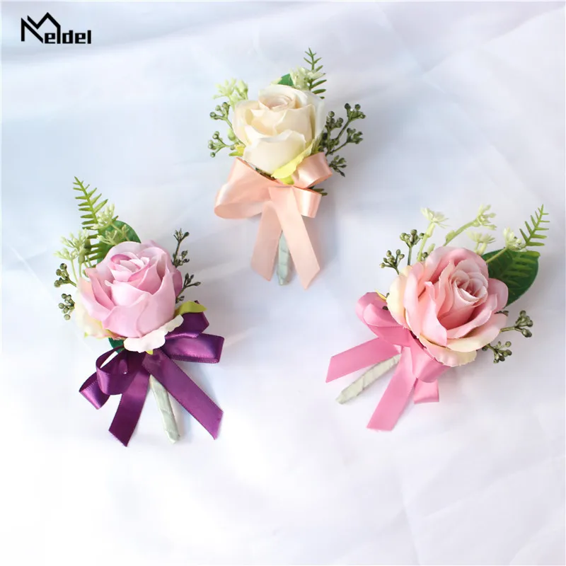 Meldel Faux Rose Groom Boutonniere Bunga Pernikahan Pergelangan Tangan Korsase Gelang Pengiring Pengantin Pita Pernikahan Korsase Bunga Aksesoris