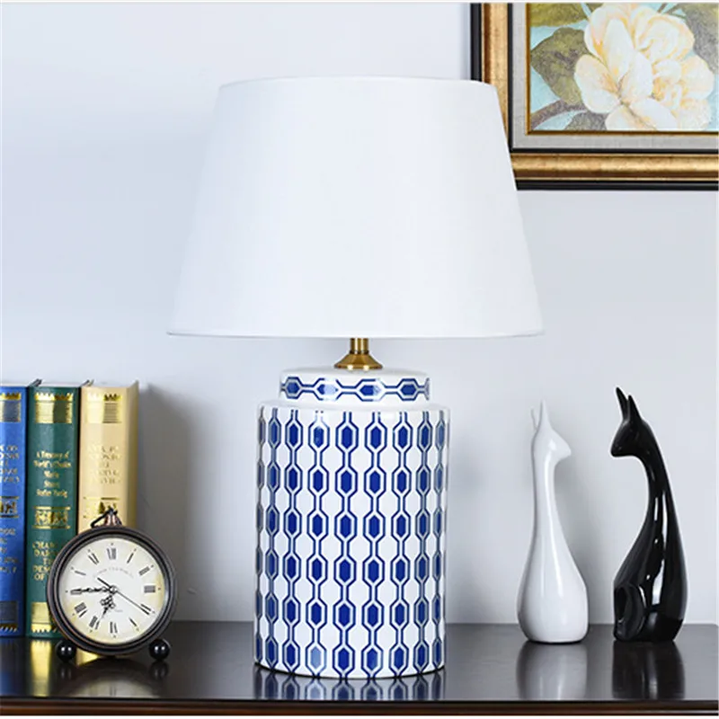 Blue White Plaid Cylinder Ceramic Table Lamp Bed Room Living Room Foyer Study Desk Reading Night Light TD077