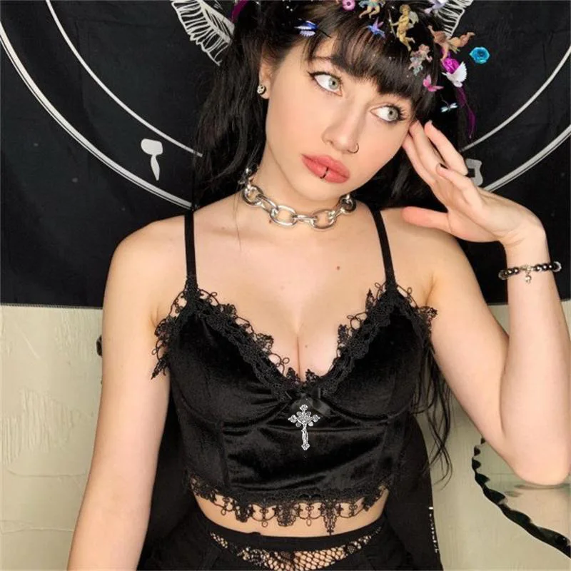Women's Velvet Crop Tops, Black Lace Trim, Emo Alternative, Aesthetic Crop Tops, Backless Sexy Strap Tanks, Mall Goth, Y2K