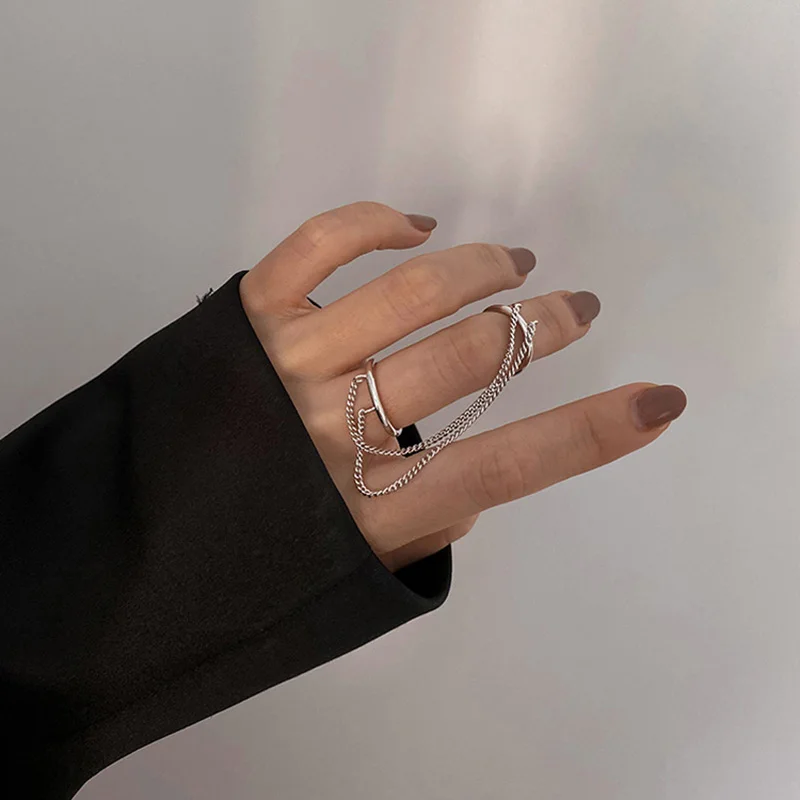 Fashion Punk Chain Double Ring Set Women Hip Hop Open Ring Metal Silver Color Chain Geometric Party Jewlery Gifts