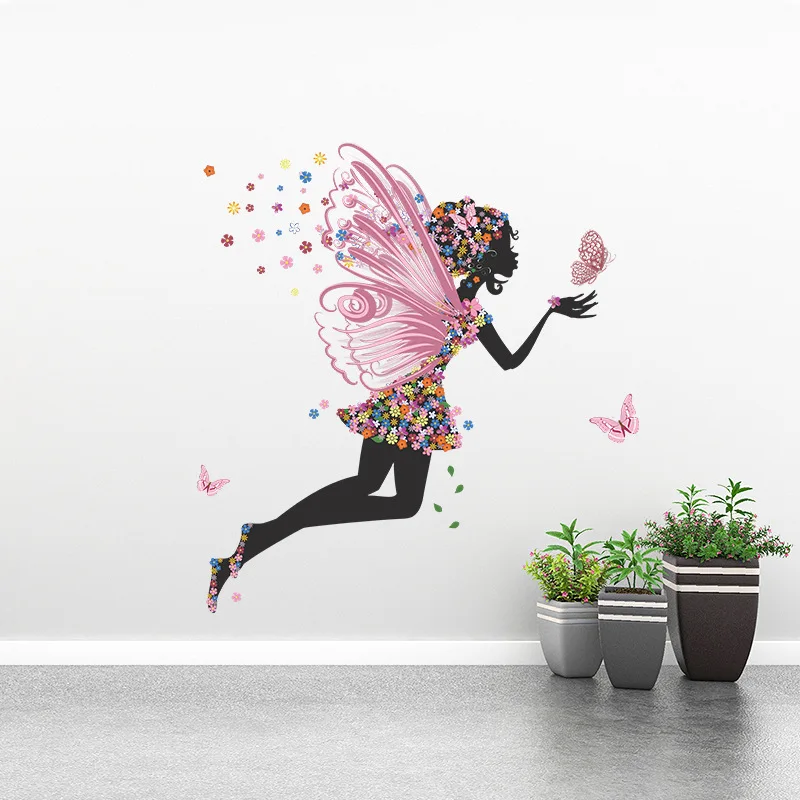 The Nordic color Butterfly flower fairy girl dancing bedroom porch wall decoration wall stickers self-adhesive room decoration