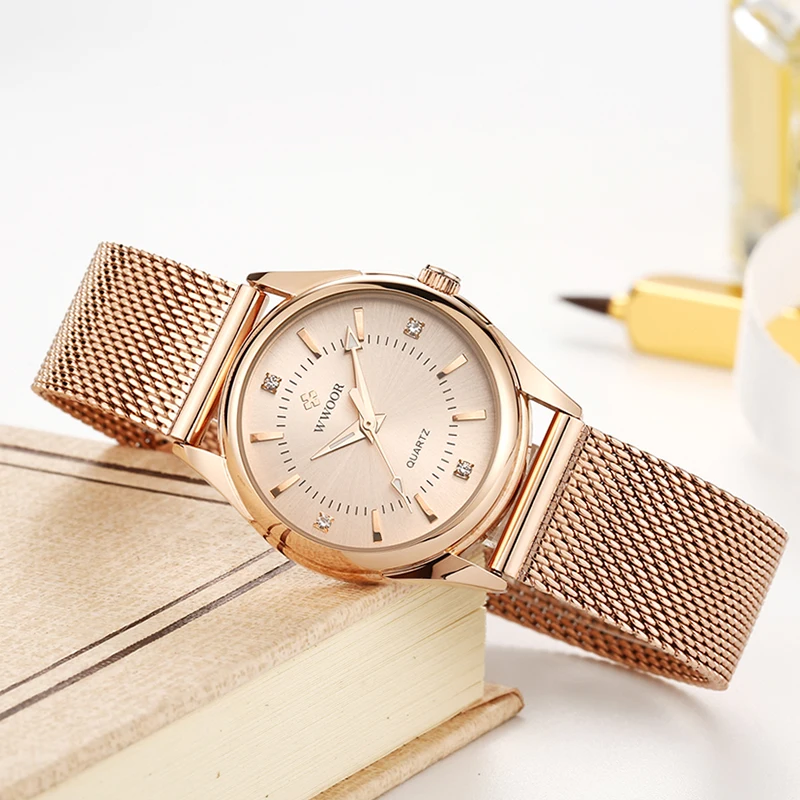 WWOOR 2023 Casual Women Dress Rose Gold Mesh Belt  Fashion Diamonds Wristwatch Waterproof Simple Female Quartz Watch Reloj Mujer