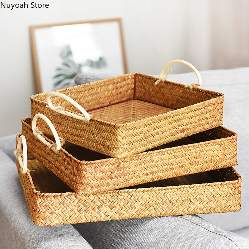 

Household Fruit Basket Seagrass Woven Storage Basket Storage Box Rattan Woven Handle Tray Sundries Household Tidy Basket