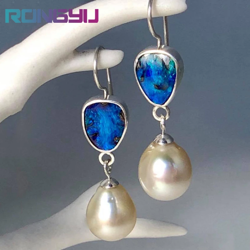 

Fashion Long Dangle Earrings Antique Style Ocean Blue Opal and Pearl Geometric Drop Earrings For Women Accessories Jewelry Gifts