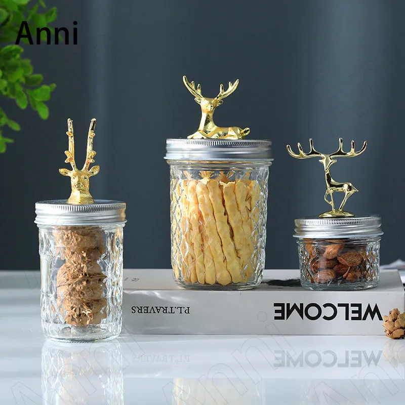 

Gilded Deer Decorative Glass Bottle Nordic Modern Transparent Candy Snacks Nut Dried Fruit Storage Jar with Lid Grain Dispenser