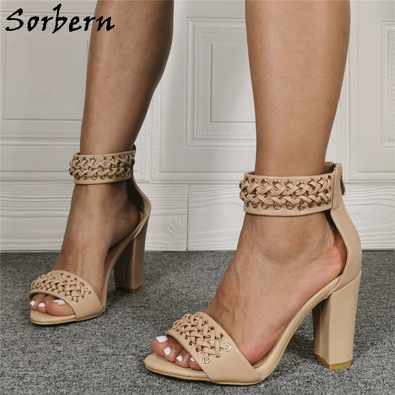 

Sorbern Nude Twist Braid Block Heel Sandals Wide Ankle Strap Covered Chunky Heels Sandal Back Zipper Plus Size Custom Colors