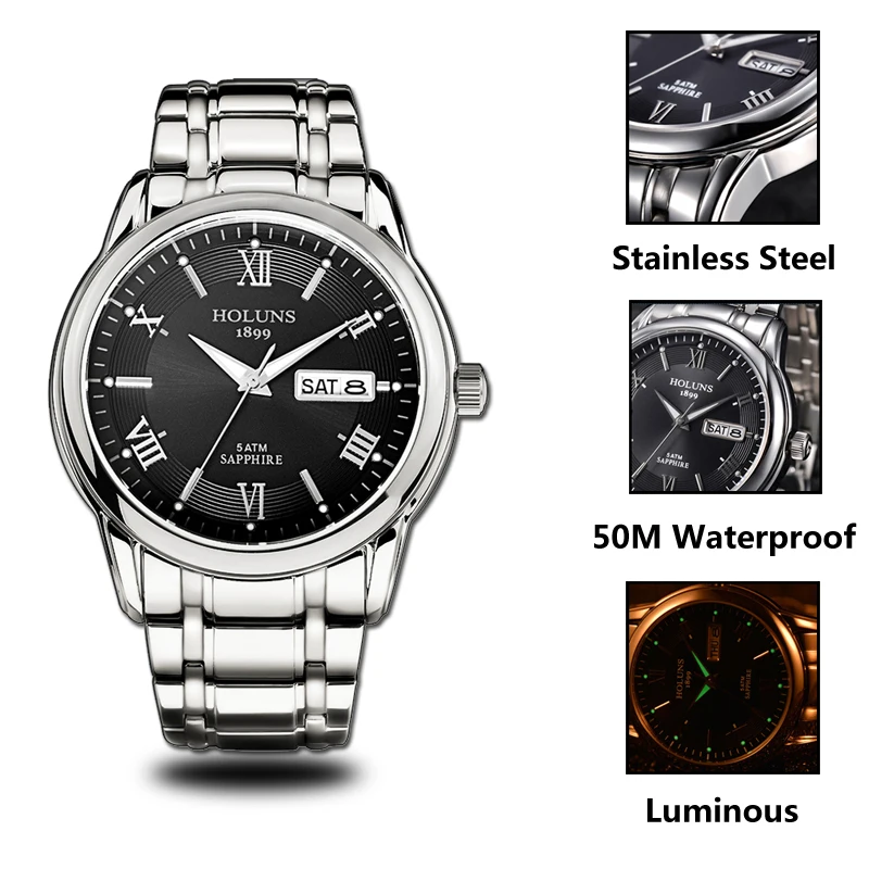 HOLUNS relogio masculino full stainless steel men automatic watch top brand luxury 5ATM waterproof Super luminous dropshipping