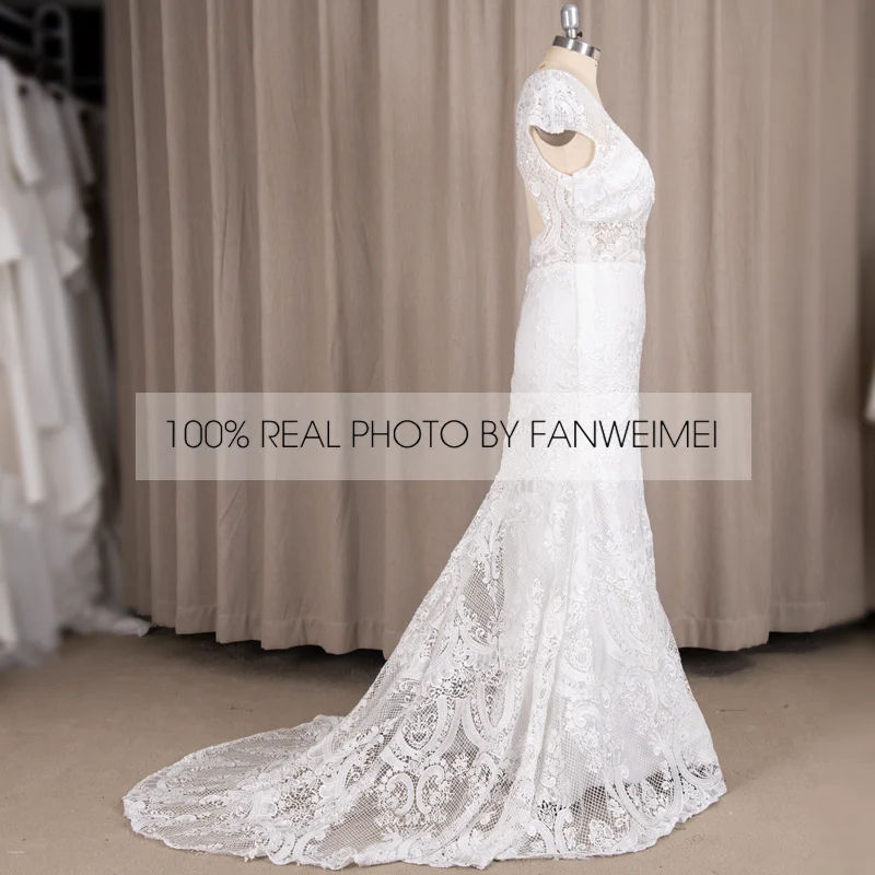 #9221REAL รูปภาพโดย FANWEIMEI คอแขนยาว Backless Lace ชุดเจ้าสาว Gowns กับรถไฟขนาดเล็ก