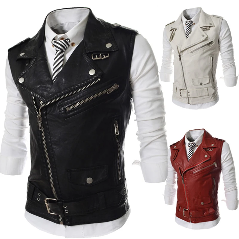 Men's Suit Vest Black Lapel Collar Zipper Short Leather Fashion Casual Vest Punk Style Gilet Men For Steampunk Clothing 2021