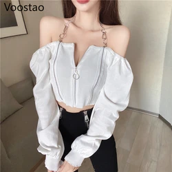 Spring Autumn Women Casual Off Shoulder Slash Neck Knitted Long Sleeve T-shirt Sexy Gothic Punk Metal Chain Crop Tops Slim Shirt