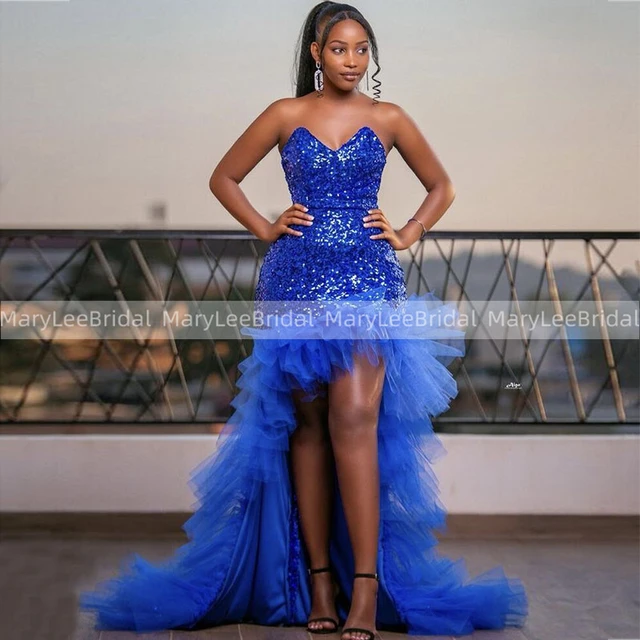 Royal Blue High Low Prom Dresses With Ruffles Sweetheart Sparkly Sequins Fishtail Evening Dress robe de bal Long Prom Party Gown AliExpress