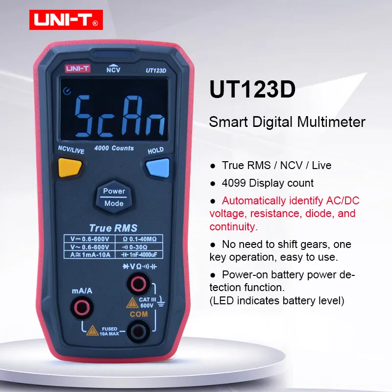 UNI-T UT123D Digital Multimeter AC/DC True-RMS Multimeter 4mF(4000uF) Large Capacitance Meter Auto-ranging Tester EBTN Display