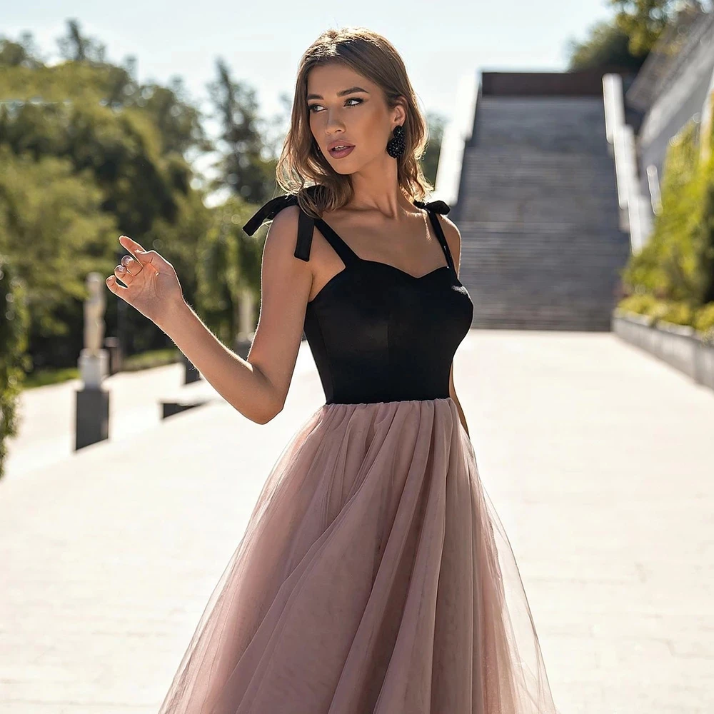 Vestido de noche elegante personalizado hasta el té, corte en A, escote en forma de corazón, correas ajustables, vestidos de graduación, vestido de fiesta de satén y tul