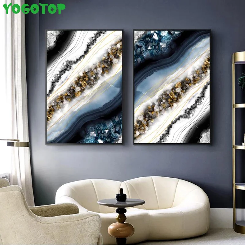 Abstract marble crystal lines Golden Blue Wall Art Diy diamond painting 5D full Drill puzzle mosaic diamond embroidery YY5276