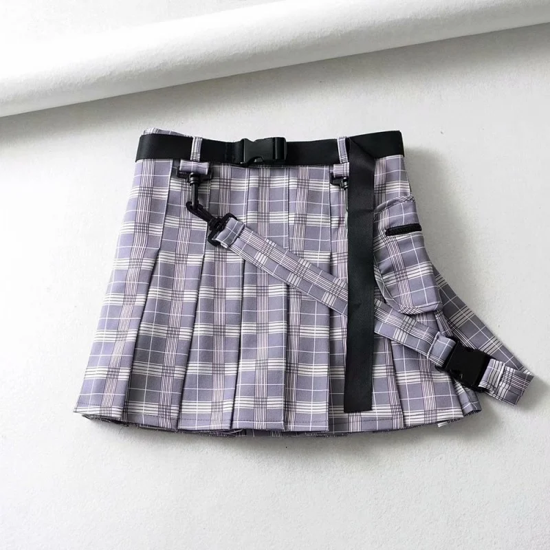 Preppy Summer Style High Waist Sashes Womens Pleated Skirts Solid Plaid Pockets Slim Fit Fashion Female A-Line Shorts Skirts