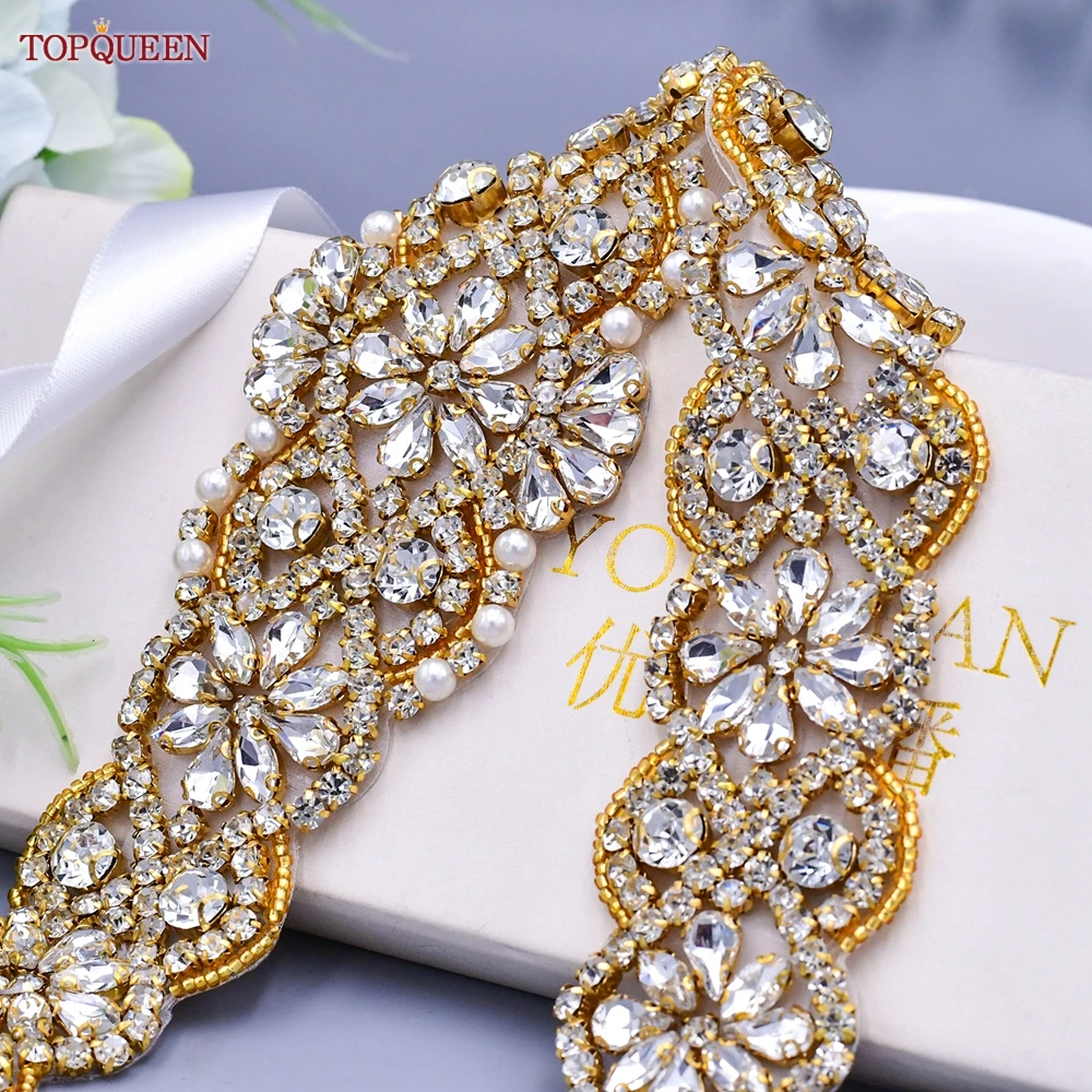 TOPQUEEN S161B-G Bride Dress Belt Luxury Crystal Golden Women Saree Wide Rhinestones Applique for Evening Wedding Dress Gifts