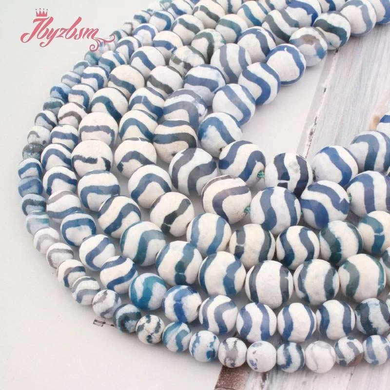 Natural Dzi Tibetan Agates Faceted Round Blue Stripe Water Pattern 6/8/10mm Stone Beads for DIY Necklace Jewelry Making 15\