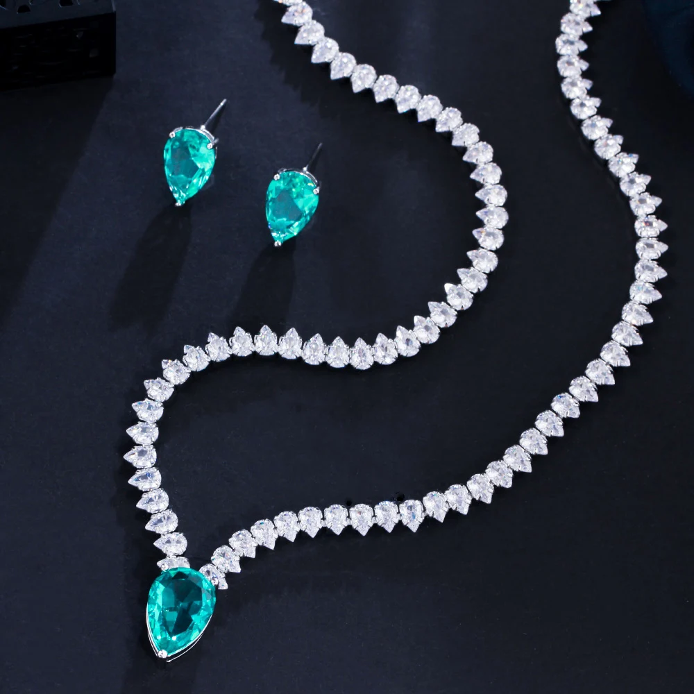 CWWZircons Elegante Große Hellgrüne Wassertropfen CZ Halskette Ohrringe Damen Verlobungsfeier Kostüm Schmucksets Großhandel T0773 – Detail 4