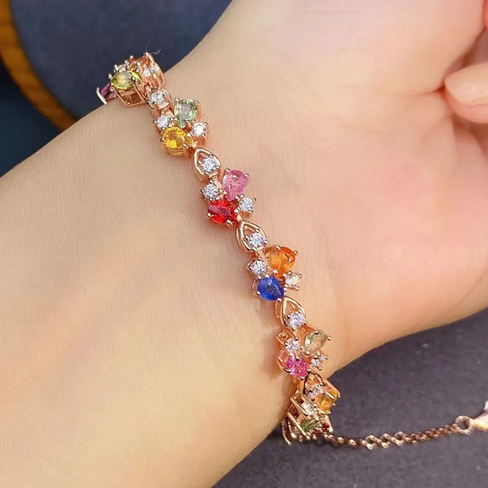 Clolorful Austrian Crystal Zircon Diamonds Gemstones Chain Bracelets for Women 18k Rose Gold Color Fine Jewelry Birthday Gifts