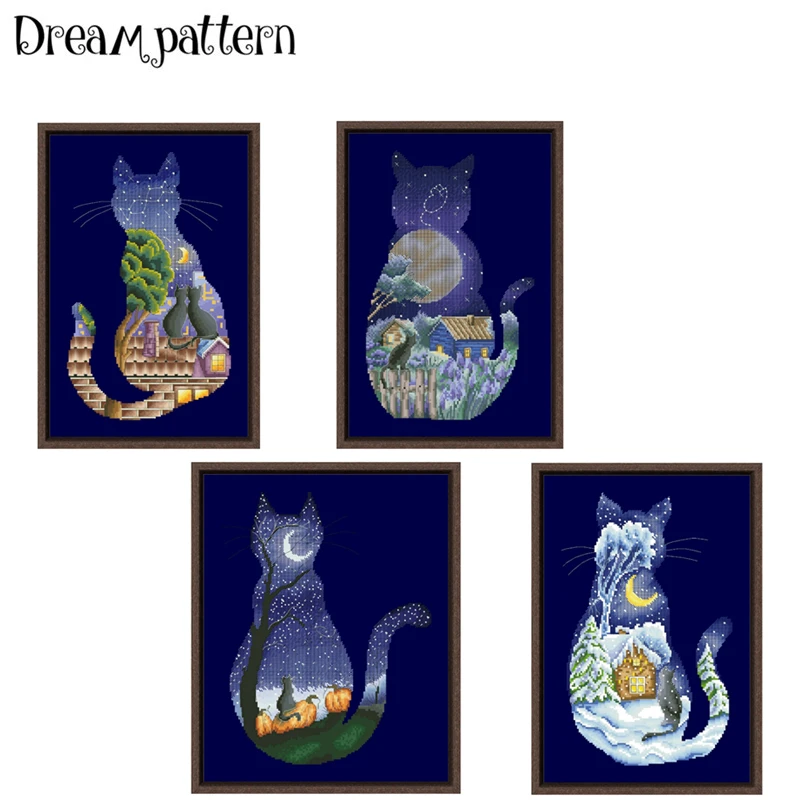 Cat in the moonlight-Spring cross stitch kit 14ct 11ct deep blue fabric cotton silk embroidery DIY handmade wall big picture