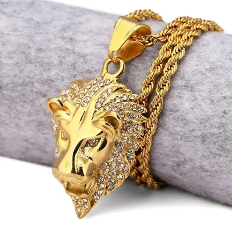 Fashion Personality Animal Lion Head Gold Color Personality Domineering Pendant Necklace for Men Trend Hip Hop Street Jewelry