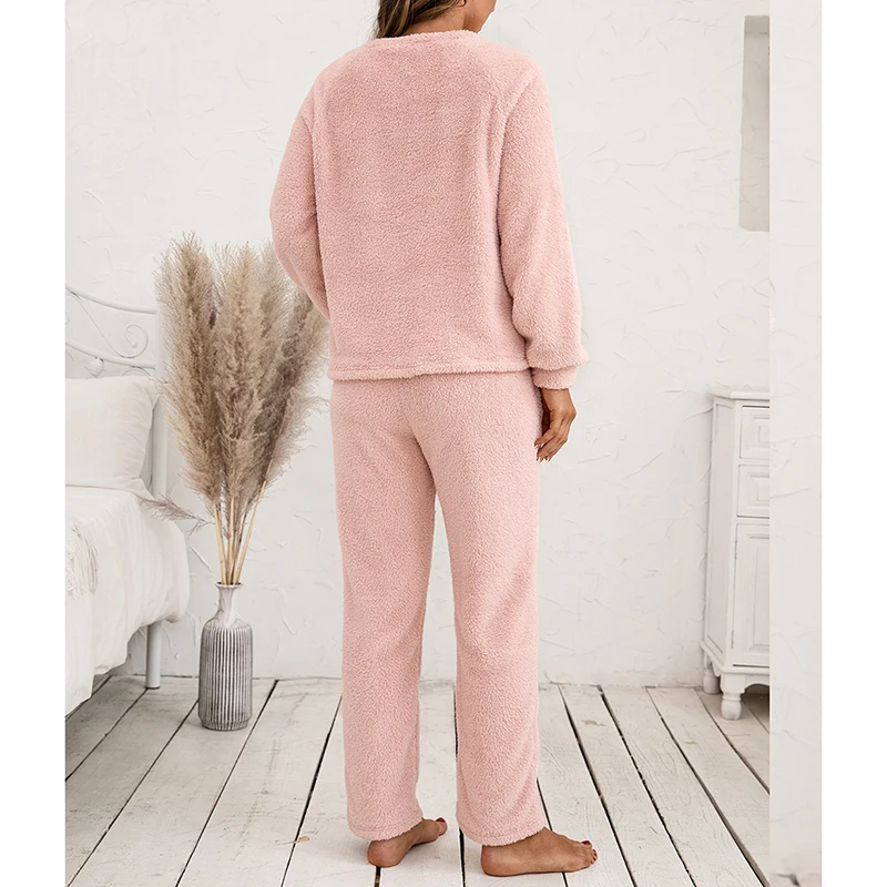 Women Pajamas Sets Fleece Winter Warm Sleepwear Casual Plush Solid Color Long Sleeve Tops Trousers Home Clothes Nightwear New