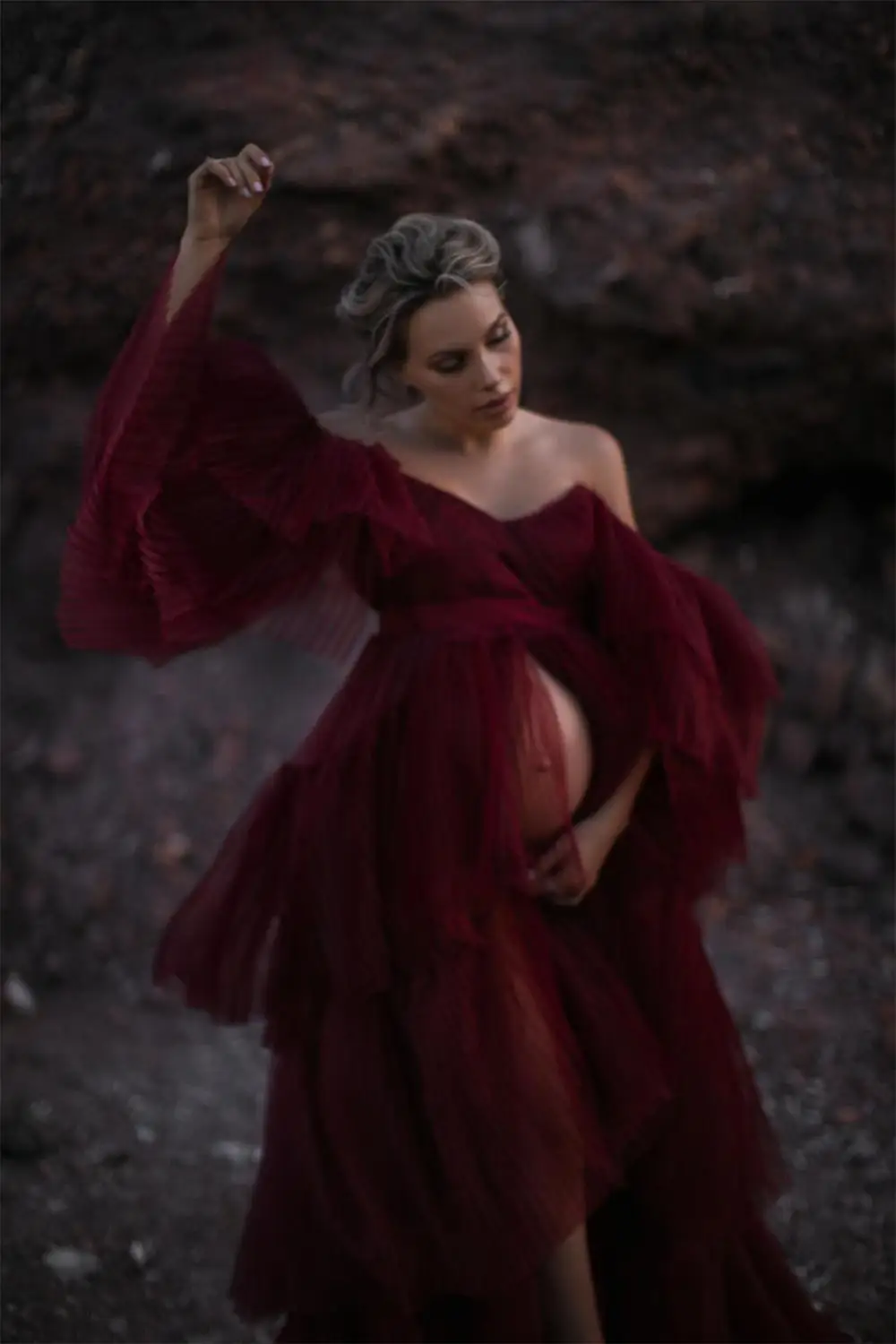 Dark Red Off Shoulder Moederschap Celebrity Jurken Plus Size Tiered Ruches Partij Jassen Vrouwen Nachtkleding Photoshoot Jurk